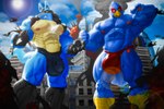 aircraft anthro beak big_bulge blue_body blue_feathers blue_fur bulge city clothing destruction detailed_bulge duo feathers fur green_eyes helicopter low-angle_view macro male muscular muscular_male rampage red_eyes speedo swimwear vehicle nunudodo nintendo pokemon star_fox falco_lombardi avian bird canid canine generation_4_pokemon lucario mammal pokemon_(species) absurd_res hi_res