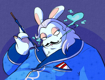 4_fingers anthro bent_arm black_facial_hair black_mustache blue_background blue_clothing blue_eyes blue_shirt blue_topwear candy cloth cloth_in_pocket clothed clothed_anthro clothed_male clothing dessert facial_hair fingers fog food fur grey_hair hair hand_pawpads heart_symbol holding_object licorice light long_ears long_hair male male_anthro mole_under_eye mustache no_eyebrows object_in_pocket open_mouth open_smile overweight overweight_anthro overweight_male pawpads pink_mouth pockets shirt simple_background smile solo tan_eyelids tan_inner_ear tan_pawpads topwear white_body white_fur randomrabbidramblings mario_bros mario_plus_rabbids_kingdom_battle nintendo raving_rabbids rayman_(series) ubisoft phantom_of_the_bwahpera ghost hybrid lagomorph mammal rabbid spirit 2026 bust_portrait colored crossover digital_drawing_(artwork) digital_media_(artwork) english_description hi_res lighting portrait shaded