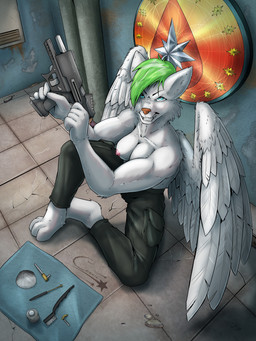 angry anthro bottomwear breasts casual_exposure clothed clothing cocking_gun detailed_background female fur gun hair handgun high-angle_view holding_gun holding_object holding_ranged_weapon holding_weapon looking_at_viewer looking_up muscular muscular_female nipples pistol ranged_weapon sitting solo topless weapon wings cosmicfs battletech canid canine canis hybrid mammal wolf 3:4 absurd_res hi_res
