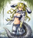 belt blonde_hair bottomwear breasts clothing coat female gloves hair handwear horn long_hair looking_at_viewer multi_horn pants plant pose scar shirt solo tail tail_ridge tank_top topwear vines water wet bueong arknights hypergryph studio_montagne estelle_(arknights) animal_humanoid crocodilian crocodilian_humanoid horned_humanoid humanoid reptile reptile_humanoid scalie scalie_humanoid tailed_humanoid hi_res pinup