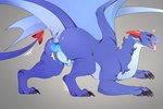 akim anus blue_body blue_fur butt claws dragon erection feathers feral fur genitals hi_res horn male mythological_creature mythological_scalie mythology penis presenting presenting_hindquarters quadruped rear_view red_eyes scalie solo tail tongue tongue_out walgon wings