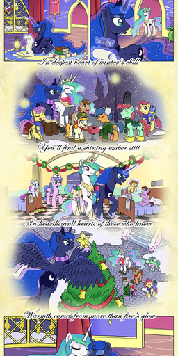 blue_body blue_feathers blue_fur blue_hair castle christmas_star christmas_tree christmas_tree_topper clothing container crown cup cutie_mark eyewear feathered_wings feathers female feral fur gift glasses green_eyes group hair headgear holidays horn hospital letter long_hair multicolored_hair night nurse outside plant purple_eyes scarf scroll smile snow sweater teal_eyes text topwear toy tree white_body white_feathers wings young muffinshire christmas friendship_is_magic hasbro my_little_pony mythology princess_celestia_(mlp) princess_luna_(mlp) earth_pony equid equine horse mammal mythological_creature mythological_equine pony unicorn winged_unicorn 2013 absurd_res comic english_text hi_res url sibling_(lore) sister_(lore) sisters_(lore)