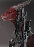 anthro armor brown_background brown_neck brown_sclera cybernetics grey_horn gun holding_gun holding_object holding_ranged_weapon holding_weapon horn machine male ranged_weapon red_body red_scales scales sharp_teeth side_view simple_background solo teeth weapon yellow_eyes akrolayn rotface_(ionic-axiom) reptile scalie 2020 bust_portrait digital_media_(artwork) digital_painting_(artwork) hi_res painting_(artwork) portrait