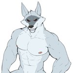 abs anthro black_sclera canid canine canis countershade_torso countershading death_(puss_in_boots) dreamworks fur grey_body grey_fur hi_res jrjresq male mammal muscular muscular_male navel nipples pecs pink_nipples puss_in_boots_(dreamworks) red_eyes simple_background smile solo teeth white_background white_body white_fur wolf