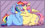 belly big_belly big_butt blue_body blush butt cutie_mark drunk duo female feral hug looking_at_viewer navel obese obese_female obese_feral overweight overweight_female overweight_feral sitting smile substance_intoxication thick_thighs wings yellow_body graphene friendship_is_magic hasbro my_little_pony mythology fluttershy_(mlp) rainbow_dash_(mlp) equid equine mammal mythological_creature mythological_equine pegasus hi_res