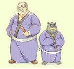 anthro clothing eyewear facial_hair fur glasses grey_body grey_fur kemono male mustache overweight overweight_male robe simple_background solo andikapatok ghibli pom_poko kincho_daimyojin_vi canid canine human mammal raccoon_dog tanuki 2015 absurd_res hi_res