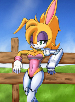 anthro bedroom_eyes breasts clothing female fence fur gloves grass green_eyes hair handwear leotard long_ears looking_at_viewer narrowed_eyes one_eye_closed outside plant ponytail robotic_arm robotic_leg robotic_limb seductive sky smile solo white_body white_fur yellow_body yellow_fur deliciouscake sega sonic_the_hedgehog_(series) bunnie_rabbot lagomorph leporid mammal rabbit