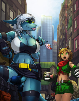 5_fingers anthro bag balls belt big_breasts blonde_hair blue_body blue_skin bodily_fluids boots breasts building bulge candy claws cleavage clothed clothing cum cum_in_clothing dessert erection erection_under_clothing exhibitionism exposed eyewear fangs femboy fingerless_gloves fingers food footwear front_view genital_fluids genitals glasses gloves green_eyes group gynomorph hair handwear imminent_sex intersex kerchief lollipop male midriff muscular navel open_mouth outside panties paws penis precum precum_through_clothing public shoes smile standing sunglasses tail tattoo teeth tenting tongue underwear wet wet_clothing white_hair zipper link2004 taiki_(pikacha) trico_tenshi animal_humanoid aquatic cat_humanoid felid felid_humanoid feline feline_humanoid fish humanoid leopard mammal mammal_humanoid pantherine shark 2015 hi_res