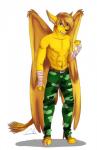 anthro athletic big_ears big_wings black_lips black_nose blonde_hair fight_bandages_on_forearms fur gold_ears hair lips male simple_background solo wings yellow_body yellow_eyes yellow_fur bumka airos kaelon 2017 hi_res