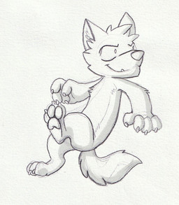 3_toes anthro arm_tuft cheek_tuft chest_tuft chibi claws closed_smile elbow_tuft facial_tuft feet finger_claws head_tuft male male_anthro mouth_closed nude simple_background simple_eyes slim_anthro slim_male smile solo tail teeth toe_claws toes tuft hufnaar canid canine mammal monochrome sketch