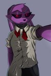 anthro black_nose black_sclera clothed clothing crossgender eyebrows eyelashes facial_tuft female floppy_ears fur glowing glowing_eyes hair joints long_ears looking_at_viewer lop_ears machine purple_body purple_fur red_eyes selfie simple_background solo standing tuft bombay_(artist) five_nights_at_freddy's scottgames bonnie_(fnaf) fan_character ginbon_(bombay) animatronic lagomorph leporid mammal rabbit robot 2020 digital_drawing_(artwork) digital_media_(artwork) hi_res