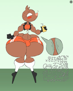 anthro bar_emanata blush blush_lines bodily_fluids bottom_heavy bottomwear brown_body brown_fur clothing crop_top curvy_figure emanata eyelashes femboy footwear fur gloves handwear head_tuft holding_juice_box hotpants jacket juice_box knee_highs knee_socks legwear logo looking_pleasured male midriff mouthless navel non-existant_waist shirt shoes shorts small_waist socks solo sweat sweatdrop text thick_thighs topwear tuft waist_shrinking wasp_waist whiskers wide_hips thatdawgmurray evan_laveldivan eulipotyphlan mammal mole_(animal) 2025 aliasing artist_logo artist_name digital_media_(artwork) hi_res signature