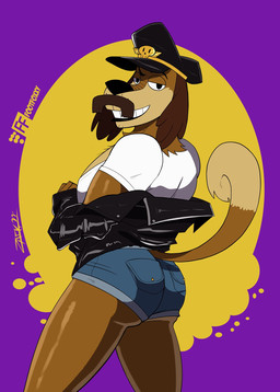 anthro bedroom_eyes biker_jacket black_nose blue_bottomwear blue_clothing blue_shorts bottomwear brown_body brown_fur butt butt_focus clothing daisy_dukes denim denim_bottomwear denim_clothing denim_shorts fake_mustache floppy_ears fur gold_(metal) half-closed_eyes hat headgear headwear hotpants jacket leather leather_clothing leather_daddy leather_hat leather_headgear leather_headwear leather_jacket leather_topwear looking_at_viewer male narrowed_eyes pants pecs presenting presenting_hindquarters raised_tail seductive shirt shorts simple_background smile solo stubble tail tail_tuft teeth thick_thighs tight_bottomwear tight_clothing tight_pants tight_shorts topwear tuft white_clothing white_shirt white_topwear footfoxxy zackdadawg johnny_test_(series) dukey canid canine canis domestic_dog mammal 2022 colored hi_res
