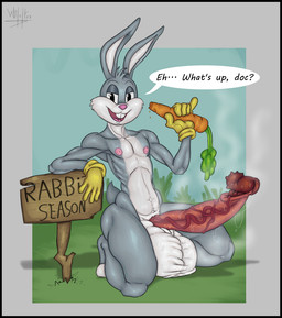 anthro balls big_balls big_glans big_penis black_border bodily_fluids border carrot clothing epididymis food foreskin fur genitals glans gloves grey_body grey_fur handwear happy huge_balls huge_penis humanoid_genitalia humanoid_penis hyper hyper_balls hyper_genitalia hyper_penis legwear long_ears long_penis looking_at_viewer male narrowed_eyes navel nipples nude penis plant raphe_(anatomy) scrotum_flap simple_background solo speech_bubble steam sweat sweaty_balls sweaty_genitalia tail teeth text thigh_highs vegetable vein veiny_penis whiskers wilelter looney_tunes warner_brothers bugs_bunny lagomorph leporid mammal rabbit