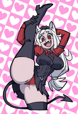 accessory animal_ears black_clothing boots bottomwear breasts clothed clothing eyelashes fangs female female_humanoid footwear hair heart_background high_heeled_boots high_heels high_kick kick long_hair low-angle_view medium_breasts necktie open_mouth open_smile pale_skin panties pointed_tail red_clothing red_eyes red_panties red_underwear shoes simple_background skirt smile solo spread_legs spreading stretching teeth thick_thighs tied_hair underwear upskirt white_hair paraiiaxfused helltaker cerberus_(helltaker) animal_humanoid canid canid_humanoid canine canine_humanoid demon demon_humanoid humanoid mammal mammal_humanoid 2026 digital_drawing_(artwork) digital_media_(artwork) hi_res