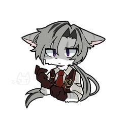 3_fingers anthro black_highlights black_nose brown_clothing brown_gloves brown_handwear clothing emanata fingers fur gloves gold_(metal) gold_accessory grey_body grey_fur grey_hair hair half-closed_eyes handwear highlights_(coloring) male male_anthro narrowed_eyes necktie pink_inner_ear ponytail purple_eyes red_necktie simple_background solo striped_body striped_fur stripes suit white_background white_clothing white_suit clear_all_ralm limbus_company project_moon lucio_(limbus_company) felid feline mammal 1:1 2026 half-length_portrait low_res portrait