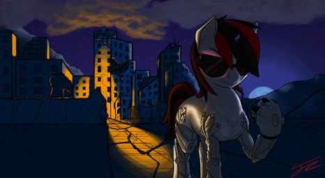 4_artificial_limbs alternate_species alternate_universe ambiguous_gender amputee cutie_mark cybernetic_eye cybernetic_leg cybernetic_limb cybernetics detailed_background disability eyewear feral horn machine night outside ponification prosthetic prosthetic_limb quadruped quadruple_amputee ruins sky solo star starry_sky sunglasses tail retro_parasite fallout fallout_equestria foe:_project_horizons friendship_is_magic hasbro microsoft my_little_pony mythology blackjack_(fallout_equestria) fan_character cyborg equid equine horse mammal mythological_creature mythological_equine pony unicorn 2012 crossover digital_media_(artwork) hi_res