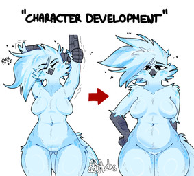 anthro beak breasts cartoon_freckles eyelashes facial_tuft female fluffy freckled_face freckled_hips freckled_legs freckled_shoulders freckled_thighs freckles hand_behind_head long_eyelashes mature_female motion_lines nude scuted_arms scuted_hands scutes solo standing stretching thick_thighs tuft weight_gain wide_hips ara_squawks tyra_(ara_squawks) avian bird owl hi_res meme