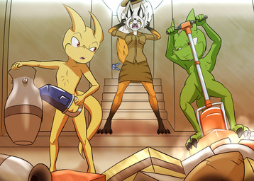 2_horns anthro barefoot black_body black_fur bottomwear breasts brown_bottomwear brown_clothing brown_shirt brown_skirt brown_topwear claws clothed clothed_anthro clothed_female clothing featureless_crotch feet female fur green_body group hair horn male multicolored_body multicolored_fur nude_anthro nude_male open_mouth orange_body orange_fur red_eyes shirt skirt tail tan_body toe_claws topwear trio trio_focus vase white_body white_fur white_hair sneakyandy brea_armatai canid canine fox kobold mammal scalie hi_res