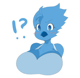 anthro beak big_breasts blue_body blue_feathers blush bra breasts clothed clothing feathers female interrobang non-mammal_breasts solo underwear vammzu twitter tweetfur avian bird 2019 bust_portrait meme portrait