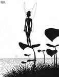 biped female fingers forest forest_background grass hair hair_bun humanoid_pointy_ears insect_wings nature nature_background plant pointy_ears shadow silhouette sky solo standing standing_on_plant sunset translucent translucent_wings tree wings jesse_hamm peter_pan tinker_bell_(disney) fairy humanoid 2017 black_and_white dated high_contrast monochrome signature