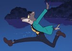 anthro canid canine canis clothing crossover dreamworks lupin_iii male male_anthro mammal mr._wolf_(the_bad_guys) necktie running seaside solo spread_arms suit the_bad_guys topwear unseriousguy wolf