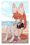 4_toes 5_fingers anthro beach black_clothing black_shirt black_topwear blue_eyes bodily_fluids border breasts claws cleavage clothed clothing ear_tuft feet female female_anthro fingers food footwear fur hair kemono long_hair looking_at_viewer multicolored_body multicolored_fur navel paws popsicle red_hair sand sea seaside shirt sitting sky small_breasts socks solo sweat toe_claws toeless_footwear toeless_socks toes topwear tuft two_tone_body two_tone_fur water white_body white_border white_fur yellow_body yellow_fur fish7163 canid canine fennec_fox fox mammal true_fox 2020 hi_res