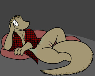 anthro clothed clothing female flannel genitals inside shirt simple_background solo topwear vulva trout_(artist) lizard_(trout) lizard reptile scalie 2016 5:4 aliasing digital_media_(artwork)