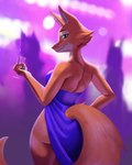 beverage butt clothed clothing dress female fur glass looking_at_viewer orange_body orange_fur smile standing tail nyx_whiskers dreamworks the_bad_guys the_bad_guys_2 diane_foxington canid canine fox mammal 4:5 absurd_res hi_res