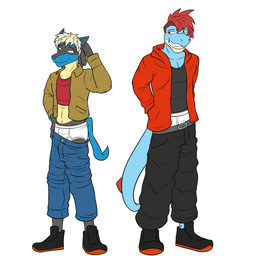 anthro belt black_bottomwear black_clothing black_footwear black_pants black_shoes blonde_hair blue_bottomwear blue_clothing blue_pants bottomwear bottomwear_down briefs brown_clothing brown_jacket brown_topwear clothed clothing duo footwear grey_belt hair hand_behind_head jacket male monotone_briefs monotone_clothing monotone_underwear navel open_mouth open_smile pants pants_down partially_clothed red_clothing red_hair red_jacket red_shirt red_topwear sharp_teeth shirt simple_background smile teeth teeth_showing tighty_whities topwear underwear white_background white_briefs white_clothing white_underwear fuze nintendo pokemon generation_4_pokemon lucario pokemon_(species) 1:1 hi_res