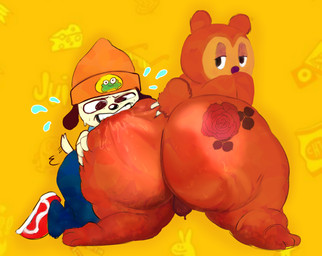anthro balls beanie big_butt bite bodily_fluids bottomwear brown_body butt butt_bite butt_tattoo clothing duo flower genitals half-closed_eyes hat headgear headwear huge_butt male male/male narrowed_eyes pants plant presenting rose_(flower) simple_background sweat sweatdrop tail tail_motion tailwag tattoo yellow_background waffafries parappa_the_rapper sony_corporation sony_interactive_entertainment parappa pj_berri bear canid canine mammal digital_media_(artwork)