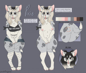anthro areola biped bite_mark black_hair blonde_hair bottomwear breasts butt claws clothed clothing color_swatch countershade_face countershade_fur countershade_torso countershading covering covering_crotch denim denim_bottomwear denim_clothing denim_shorts feet female fishnet_clothing fishnet_legwear fur grey_background grey_body grey_fur hair hindpaw jewelry legwear long_hair navel necklace nipples nude pawpads paws pink_areola pink_inner_ear pink_nipples pink_pawpads pink_tongue shorts simple_background solo standing tail tail_between_legs text toe_claws tongue tongue_out white_body white_fur wide_hips conditional_dnp puddingpaw canid canine canis chihuahua domestic_dog mammal toy_dog artist_name digital_media_(artwork) english_text full-length_portrait model_sheet portrait