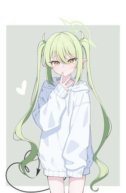 alternate_costume bare_legs blush ear_piercing ear_ring female glistening glistening_hair green_hair hair hair_between_eyes halo hand_symbol heart_symbol long_hair piercing pigtails pointy_ears prick_ears ring_piercing simple_background smile solo spade_tail standing sweatshirt tail white_sweatshirt yellow_eyes young young_female young_humanoid cinamorl blue_archive nexon nozomi_(blue_archive) demon demon_humanoid humanoid tailed_humanoid absurd_res hi_res