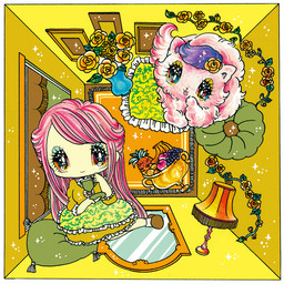 accessory ambiguous_gender bangs clothed clothing domestic_pet duo eyelashes female feral fluffy fur glistening glistening_eyes hair hair_accessory kemono looking_at_viewer sparkles tail yurie_sekiya domestic_cat felid feline felis human mammal 1:1 yellow_theme