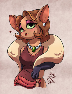 anthro armwear blush breasts brown_hair cleavage clothed clothing dress ear_piercing elbow_gloves eyeshadow female fur fur_shawl gem gloves green_eyes hair handwear heart_symbol jewelry lipstick makeup necklace pearl_(gem) pearl_necklace piercing purple_eyeshadow red_clothing red_dress red_lipstick simple_background small_waist solo tan_body tan_fur wide_hips joakaha lackadaisy mitzi_may domestic_cat felid feline felis mammal 2025 dated half-length_portrait hi_res portrait signature