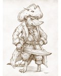 anthro biped clothed clothing ear_piercing ear_ring hat headgear headwear piercing pirate_hat pirate_outfit ring_piercing simple_background solo weapon tyrie eulipotyphlan mammal shrew 2021 4:5 hi_res