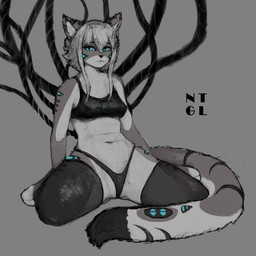 anthro black_clothing black_crop_top black_legwear black_nose black_shirt black_stockings black_topwear blue_eyes breasts cable clothing crop_top eyebrows eyelashes feet female female_anthro fluffy fluffy_tail fur glowing glowing_eyes glowing_markings grey_body grey_fur grey_tail hair legwear long_hair machine markings mature_anthro mature_female multicolored_body multicolored_fur navel panties pose shirt small_breasts solo stockings string_panties tail topwear underwear white_body white_fur white_hair wire nightingale_hrt xyra_(xyratc) android domestic_cat felid feline felis mammal robot absurd_res colored digital_drawing_(artwork) digital_media_(artwork) full-length_portrait hi_res portrait