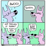 1:1 ac_stuart alternating_focus ambiguous_gender animal_noises asking asking_another awoo awoo_(ac_stuart) base_two_layout blue_background canid canine canis comic conjoined_speech_bubble dialogue duo english_text eyebrows eyes_closed fangs feral four_frame_grid four_frame_image fur green_background grey_background grid_layout howl kevin_(ac_stuart) male_(lore) mammal noob_the_loser onomatopoeia open_mouth pink_body pink_fur pink_wolf_(ac_stuart) question questioning_tone regular_grid_layout simple_background smile sound_effects sparkles speech_bubble talking_to_another teeth text two_row_layout url wolf yes-no_question