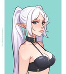 black_bra black_clothing black_underwear bra breasts clothing collar collarbone ear_piercing eyebrows eyelashes female glistening glistening_breasts green_eyes hair humanoid_pointy_ears not_furry piercing pointy_ears solo twintails_(hairstyle) underwear white_hair toksie frieren_beyond_journey's_end frieren elf humanoid 2024 portrait
