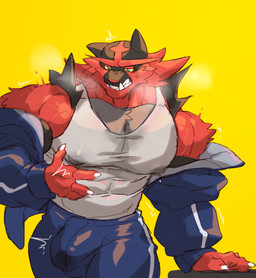 4_fingers anthro barazoku big_bulge big_muscles black_body black_fur bodily_fluids bottomwear bulge claws clothing fingers fur genital_fluids green_eyes grey_body grey_fur humanoid_hands jacket lactating lactating_through_clothing male male_lactation muscular muscular_anthro muscular_male pants precum precum_through_clothing red_body red_fur red_nose shirt simple_background solo stained_underwear striped_body striped_fur stripes tank_top topwear vein veiny_muscles wet wet_clothing white_claws yellow_sclera vorusuarts nintendo pokemon generation_7_pokemon incineroar pokemon_(species) 2021 absurd_res hi_res