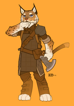 4_toes 5_fingers anthro armor axe backpack blacksmith blue_eyes clothed clothing digitigrade feet fingers front_view fully_clothed fur holding_object holding_weapon looking_at_viewer male melee_weapon orange_background rolled_up_sleeves shirt shoulder_guards simple_background smile solo spots toes topwear weapon whiskers snowskau microsoft the_elder_scrolls lynx_(snowskau) felid feline khajiit lynx mammal