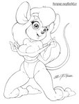 accessory anthro athletic_wear big_breasts bodily_fluids breasts camel_toe cleavage clothed clothing exposure_variation female front_view headband kneeling leg_warmers legwear leotard simple_background solo sweat sweatband white_background scificat chip_'n_dale_rescue_rangers disney gadget_hackwrench mammal mouse murid murine rodent monochrome