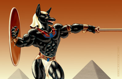 abs anthro biceps bottomwear clothing egyptian egyptian_clothing egyptian_headdress holding_object holding_shield holding_weapon loincloth male melee_weapon muscular muscular_anthro muscular_male muscular_thighs nails open_mouth outside pyramid shield solo sword teeth weapon rjbartrop_(artist) egyptian_mythology middle_eastern_mythology mythology anubis anubian_jackal canid canine canis deity jackal mammal