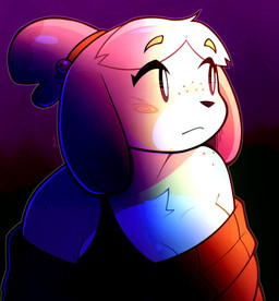 anthro bra_strap breasts chest_tuft cleavage clothed clothing countershade_face countershade_torso countershading eye_through_hair eyebrow_through_hair eyebrows eyelashes female female_anthro freckled_face freckled_shoulders freckles fur glistening glistening_hair hair light looking_aside mouth_closed red_clothing red_sweater red_topwear solo sweater topwear translucent translucent_hair tuft yellow_body yellow_fur tyso_art animal_crossing nintendo isabelle_(animal_crossing) canid canine canis domestic_dog mammal shih_tzu toy_dog 2025 absurd_res bust_portrait digital_drawing_(artwork) digital_media_(artwork) english_description hi_res lighting portrait signature