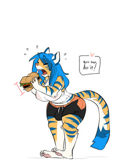 anthro blue_hair bottomwear breasts bulge clothing dialogue eyes_closed food fur gynomorph hair heart_symbol holding_food holding_object intersex markings multicolored_body multicolored_fur open_mouth pawpads simple_background solo standing striped_body striped_fur striped_markings striped_tail stripes tail tail_markings text topwear white_background tamyra felid mammal pantherine tiger 3:4 english_text source_request