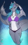 anthro bikini bikini_bottom bikini_top black_sclera blue_hair breasts cigarette clothing countershading ear_piercing eyebrow_piercing eyewear facial_piercing female grey_body hair hand_on_hip jewelry lifting_glasses navel non-mammal_breasts non-mammal_navel pendant piercing pose shark_tail simple_background smile smiling_at_viewer smirk smirking_at_viewer smoking solo sunglasses swimwear tail two-piece_swimsuit walking water white_body white_countershading yellow_eyes kaislair fish marine shark pinup