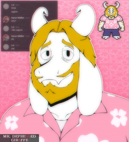 aloha_shirt anthro beard blonde_beard blonde_facial_hair blonde_hair clothing crt_effect eye_bags eyebrows facial_hair flesh_fang floral_pattern floral_print fur hair horn light_hair long_ears male mature_male message outline pattern_background pattern_clothing pattern_shirt pattern_topwear pink_background pink_clothing pink_shirt pink_topwear scanlines shirt simple_background smile solo text thick_eyebrows tired_eyes topwear undershirt white_body white_fur white_undershirt mr.depressed_giraffe deltarune discord_(app) undertale_(series) asgore_dreemurr boss_monster_(undertale) bovid caprine mammal chromatic_aberration hi_res portrait reference_image watermark