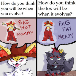 ambiguous_gender angry anthro band-aid bandage blue_eyes breasts clothing collar duo everstone female feral fur_clothing hat headgear headwear livestock_tag male notched_ear smile smiling_at_viewer speech_bubble text witch_hat wakke nintendo pokemon braixen delphox generation_5_pokemon generation_6_pokemon pokemon_(species) zorua 1:1 english_text hi_res