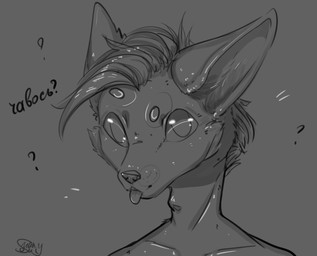 anthro hair male question solo tongue unknown_artist john_(anatolyfox) canid canine fennec_fox fox mammal true_fox hi_res monochrome