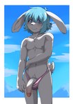 5_fingers anthro balls_in_panties balls_in_underwear big_penis blue_eyes blue_hair blush bottomwear clothed clothing femboy fingers genitals glans hair half-erect humanoid_genitalia humanoid_penis kemono long_penis looking_at_viewer male panties panties_bulge panties_only pattern_bottomwear pattern_clothing pattern_panties pattern_underwear penis penis_poking_out pink_clothing pink_panties pink_underwear smile smiling_at_viewer solo striped_bottomwear striped_clothing striped_panties striped_underwear stripes tail topless topless_anthro topless_male underwear underwear_only white_clothing white_panties white_underwear roo310 lagomorph leporid mammal rabbit absurd_res hi_res